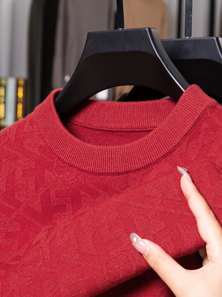 Men'S Round Neck Jacquard Sweater Spring Autumn Tight Thin Business Casual Knit Pullover Top - Brick Red