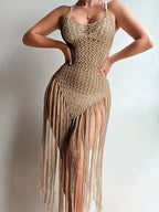 Neckline Dress with Mesh Cutouts, Crochet Hanging Tassel Design, Cutout Camisole Dress, Cutout Dress - Khaki
