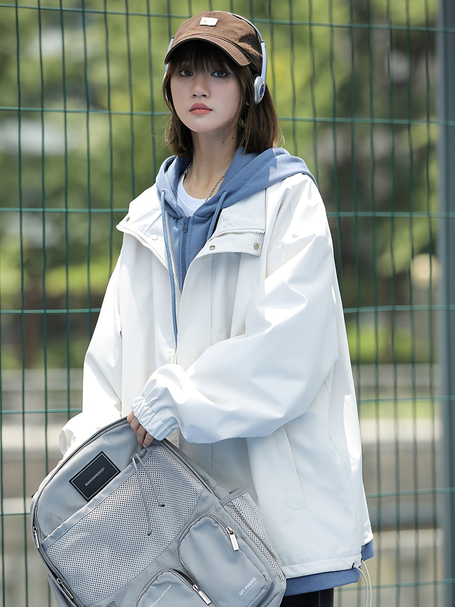 American Style Coat Women'S Trench Hooded Faux Two-Piece Windbreaker Design-Driven Color-Block Casual Loose Jacket - Light White+Blue