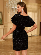 Graceful Sequined Ruffle Hem Cocktail Dress - Black