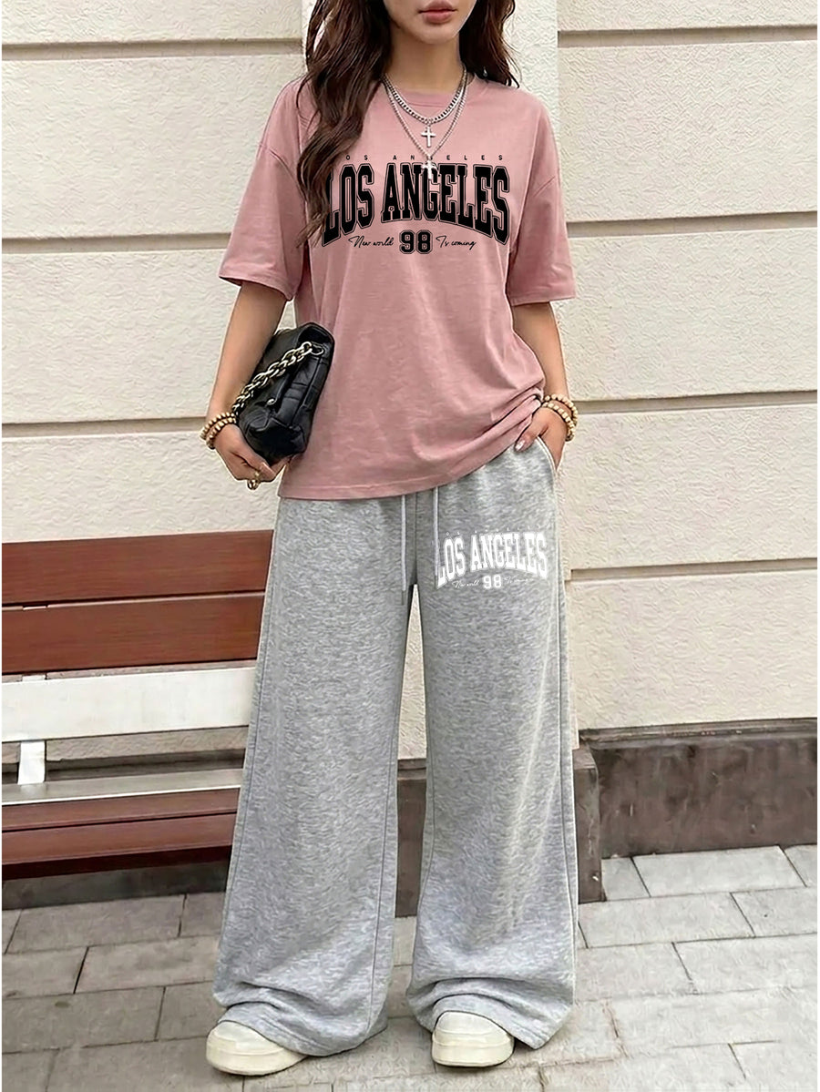 Women's Casual Streetwear Trend Los Angeles 98 Print Crew Neck Short Sleeve Top and Loose Drawstring Long Pants 2pcs Set, Women's Fashion Outfit, Suitable for Summer Streetwear - Pink+Grey