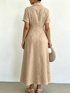 Women's Blended Fabric Shirt Dress with Lapel Collar, Half-Button Short Sleeves, A-Line Midi Length, Summer Casual Light Business Commuter Dress - Khaki