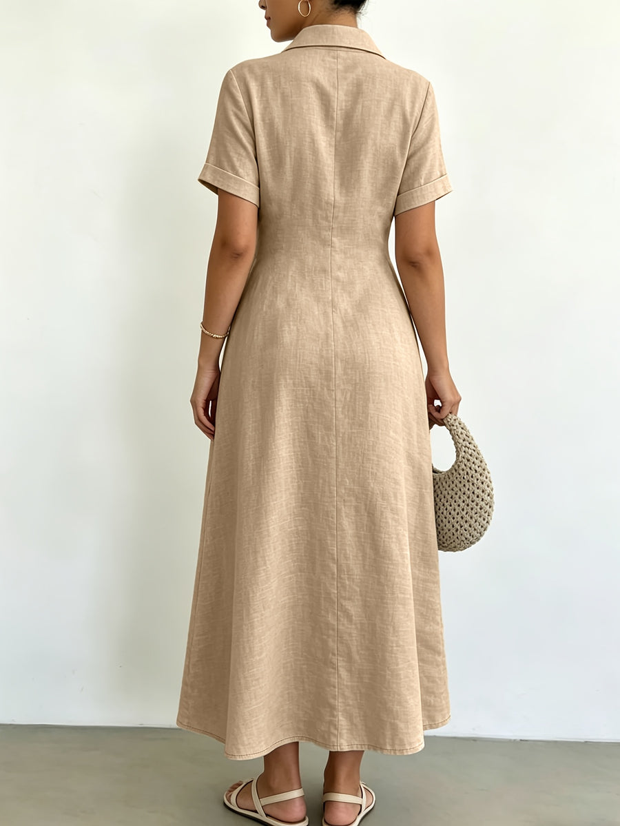 Women's Blended Fabric Shirt Dress with Lapel Collar, Half-Button Short Sleeves, A-Line Midi Length, Summer Casual Light Business Commuter Dress - Khaki