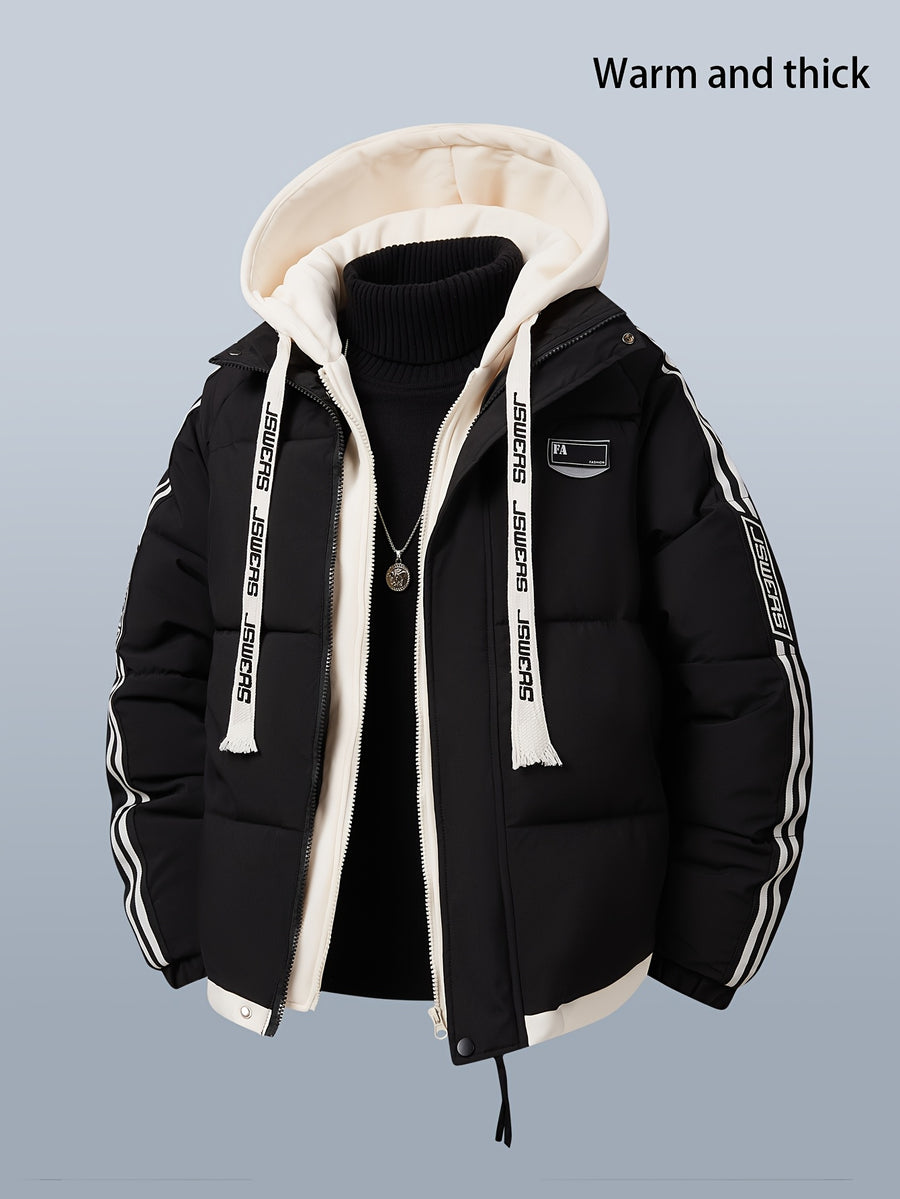A Stylish And Cozy Hooded Jacket for Men, Featuring a Faux Two-Piece Design, Perfect for Winter - Black