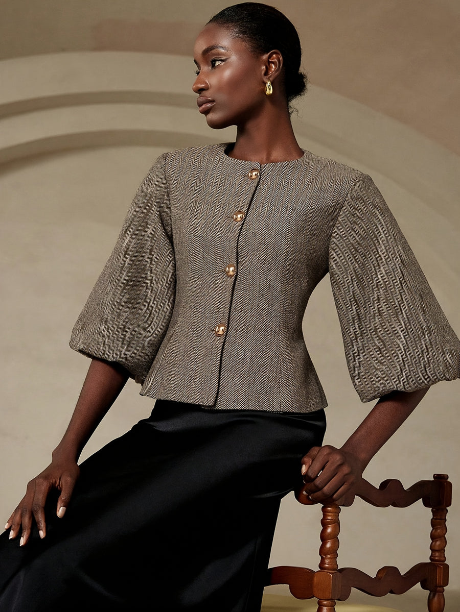 Elegant Vintage French-Style Women's Blazer, Featuring a High-end Herringbone-patterned Round Neck with a Cinched-waist Cut. This Jacket Combines Exquisite Lantern Sleeves with Metal Button Detailing, Making It a Versatile Piece for Daily Fashion - Multicolor