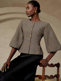Elegant Vintage French-Style Women's Blazer, Featuring a High-end Herringbone-patterned Round Neck with a Cinched-waist Cut. This Jacket Combines Exquisite Lantern Sleeves with Metal Button Detailing, Making It a Versatile Piece for Daily Fashion - Multicolor