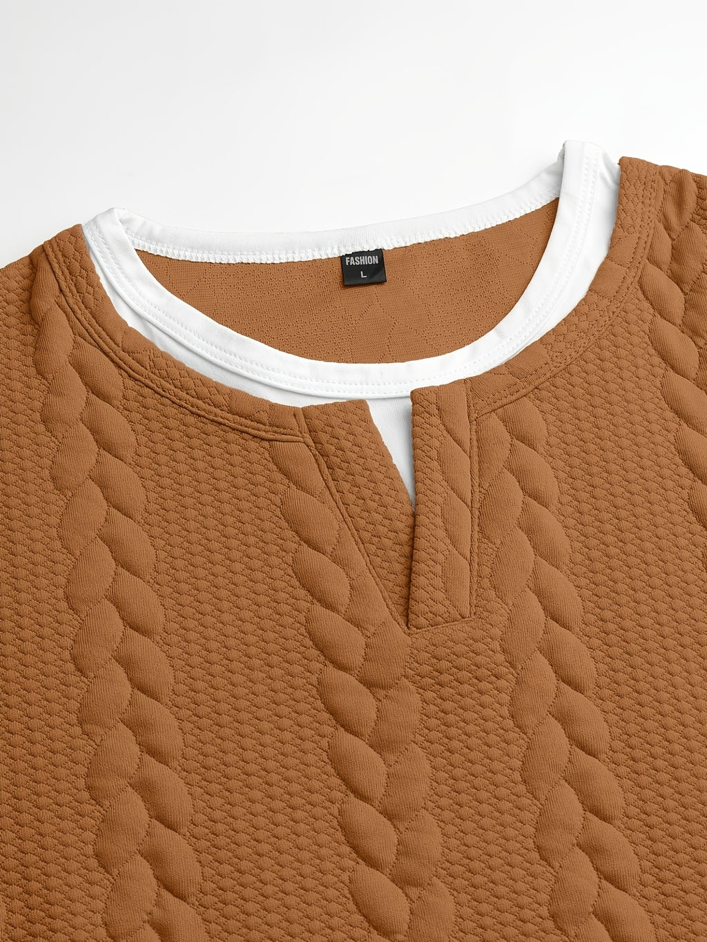 Summer Vintage Vertical Stripe Twisted Cable Embossed Men's Short Sleeve Double-Layer 2-in-1 Look Layered Design Henley Collar T-Shirt, Breathable Textured Versatile Top for Daily Commuting - Light Brown-1