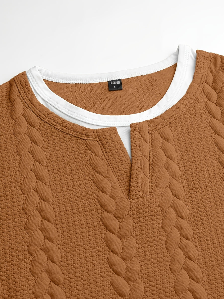 Summer Vintage Vertical Stripe Twisted Cable Embossed Men's Short Sleeve Double-Layer 2-in-1 Look Layered Design Henley Collar T-Shirt, Breathable Textured Versatile Top for Daily Commuting - Light Brown-1