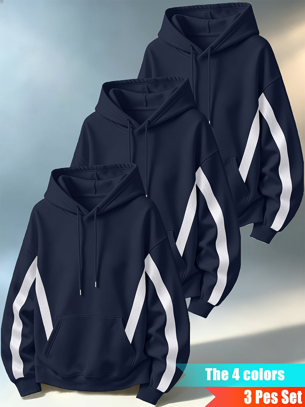 Men'S Three-Piece Casual Hooded Sweater Set, Featuring Contrast-Colored Spliced Sleeves with Drawstrings, Loose-Fitting Pullover Shirt, Long-Sleeved Sports Top for Daily Wear - Navy Blue + Navy Blue + Navy Blue