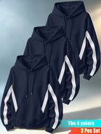 Men'S Three-Piece Casual Hooded Sweater Set, Featuring Contrast-Colored Spliced Sleeves with Drawstrings, Loose-Fitting Pullover Shirt, Long-Sleeved Sports Top for Daily Wear - Navy Blue + Navy Blue + Navy Blue
