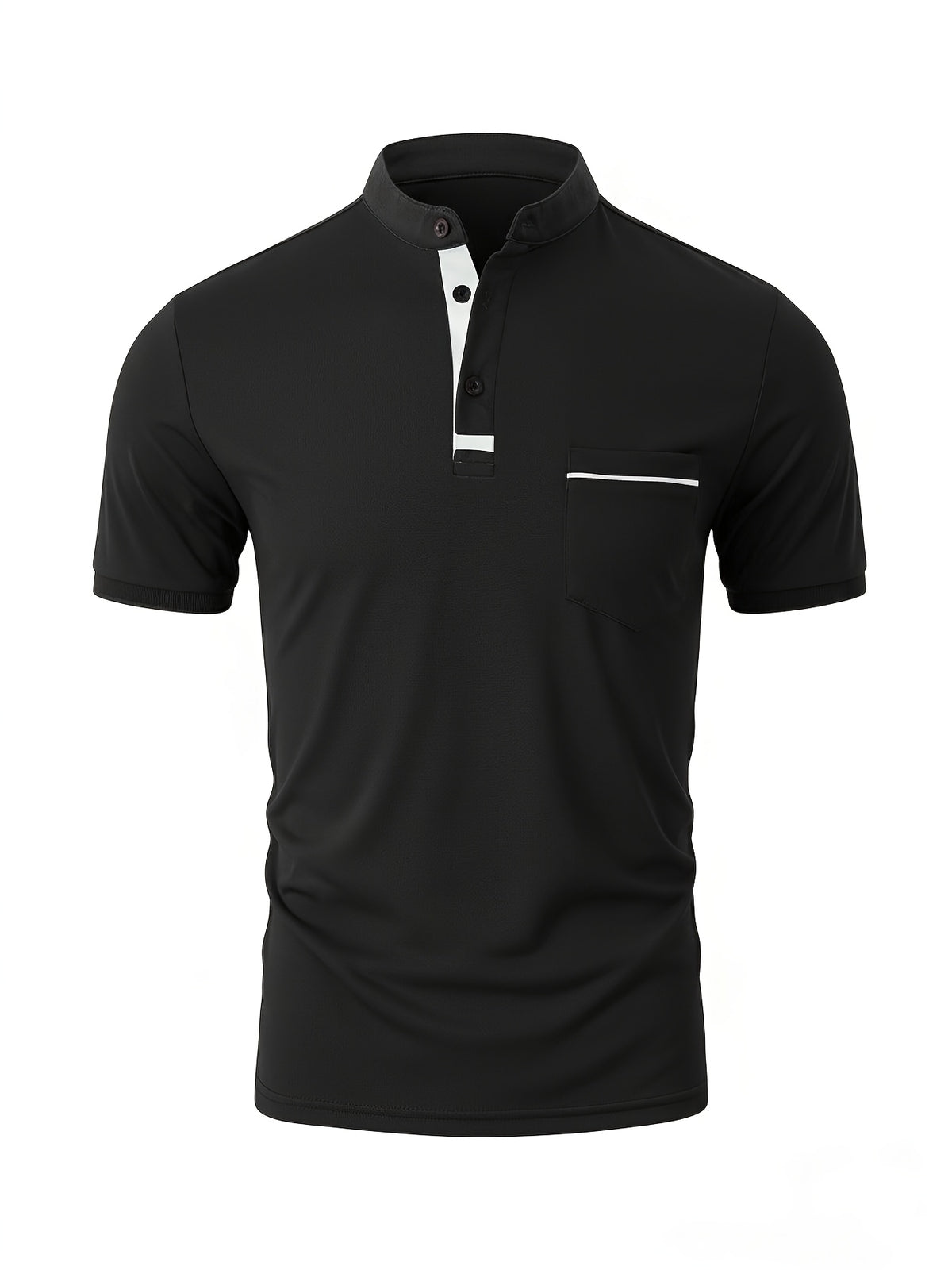 [Josh May OBM] 4pcs Set, Solid Color Stand-Up Collar Henley Shirts, Breathable Quick-Dry Casual Shirts, Lightweight Stretch, No Ironing Required, Durable And Wearable, Button-Up Design, Suitable for Summer Office, Yacht Wear, Casual Attire - Black+White+Sea Blue+Wine Red