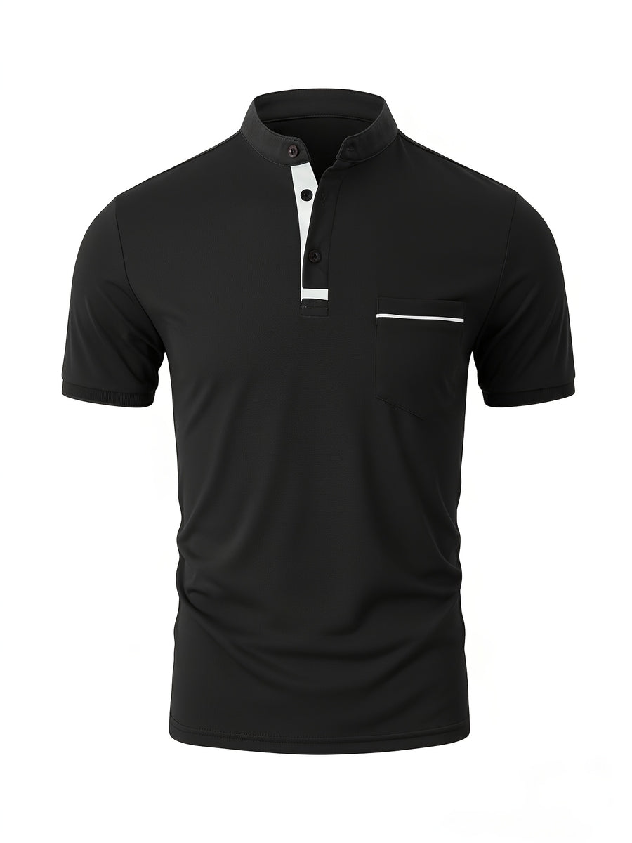 [Josh May OBM] 4pcs Set, Solid Color Stand-Up Collar Henley Shirts, Breathable Quick-Dry Casual Shirts, Lightweight Stretch, No Ironing Required, Durable And Wearable, Button-Up Design, Suitable for Summer Office, Yacht Wear, Casual Attire - Black+White+Sea Blue+Wine Red