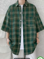 Men's Summer Fashion Short-sleeve Button- Shirt with a Plaid Pattern, Both Stylish and Versatile, Perfect for Daily Wear, Dates, and Beach Vacations - Olive Green