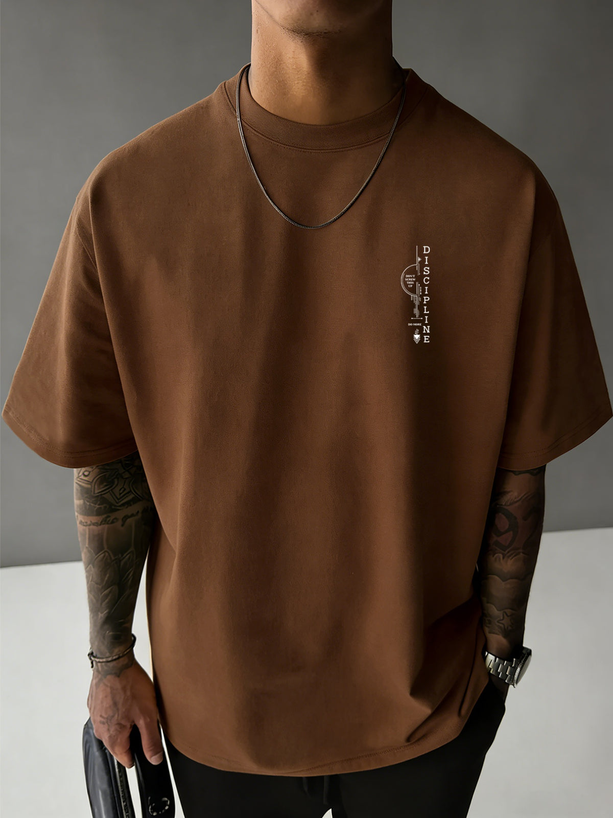 Men'S 100% T-Shirt, Letter Print on Back, Comfortable And Breathable, All-Season Wear, Casual Style - Coffee Brown