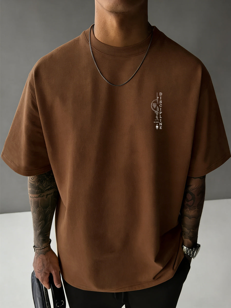 Men'S 100% T-Shirt, Letter Print on Back, Comfortable And Breathable, All-Season Wear, Casual Style - Coffee Brown