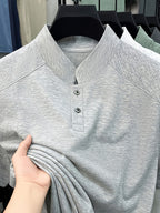 Men's Summer Short-Sleeve Stand Collar T-Shirt - Breathable Small Base Layer Shirt, Solid Color Business Casual Top Suitable for Daily Work Wear, Machine Washable & Dry Cleanable, Asymmetrical Hem - Flecking Gray