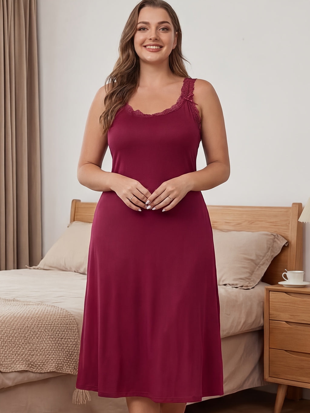 Plus Size Women'S Vest Nightgown | Black Sexy Lace Patchwork Round-Neck Elegant Summer Mid-Length Nightgown Homewear With Medium Stretch Fabric And Contrast Lace Details - Burgundy