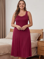 Plus Size Women'S Vest Nightgown | Black Sexy Lace Patchwork Round-Neck Elegant Summer Mid-Length Nightgown Homewear With Medium Stretch Fabric And Contrast Lace Details - Burgundy