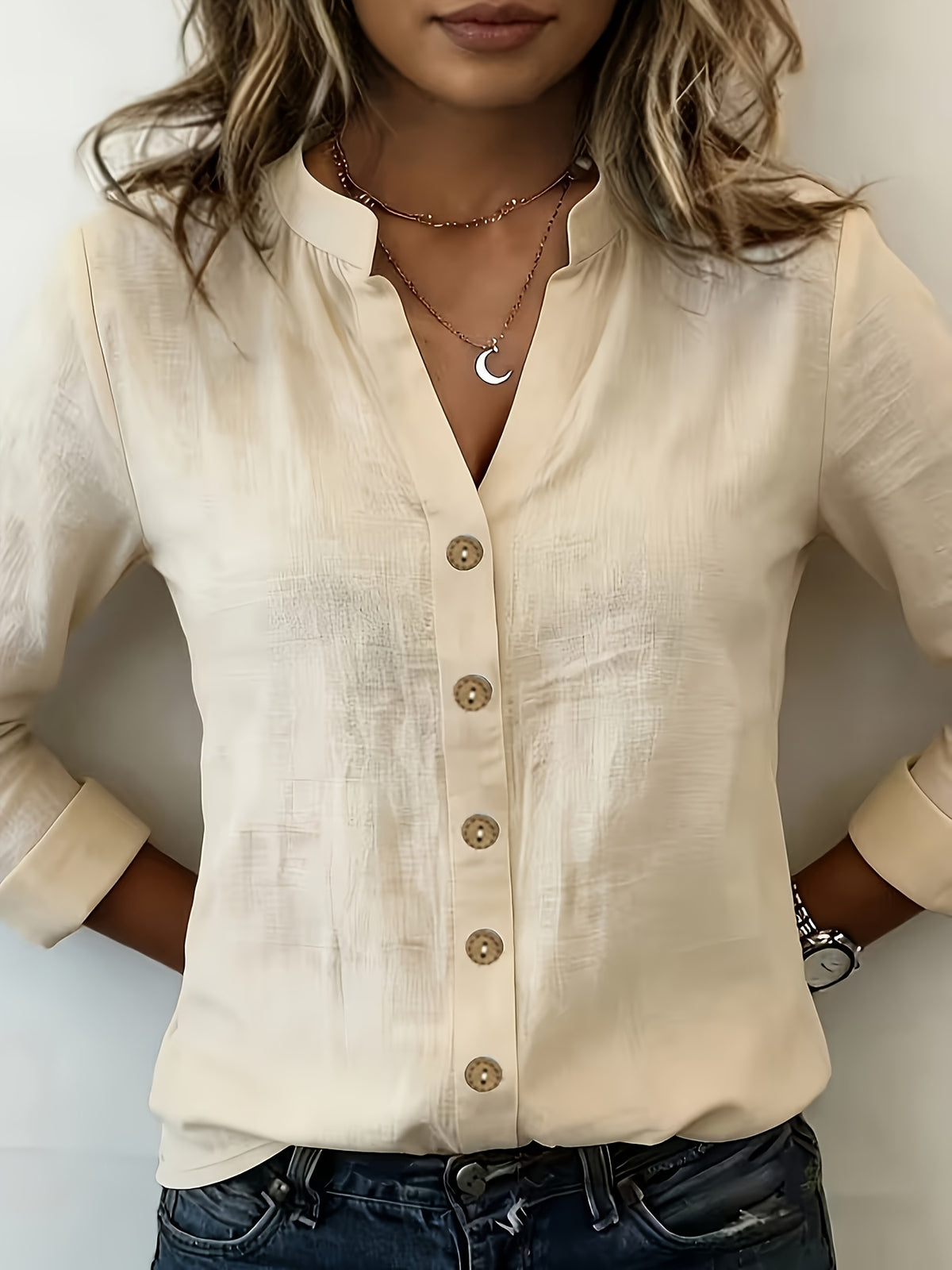According ToFashionable V-neck Bamboo-joint Style Women's Long-sleeved Shirt - Off-white