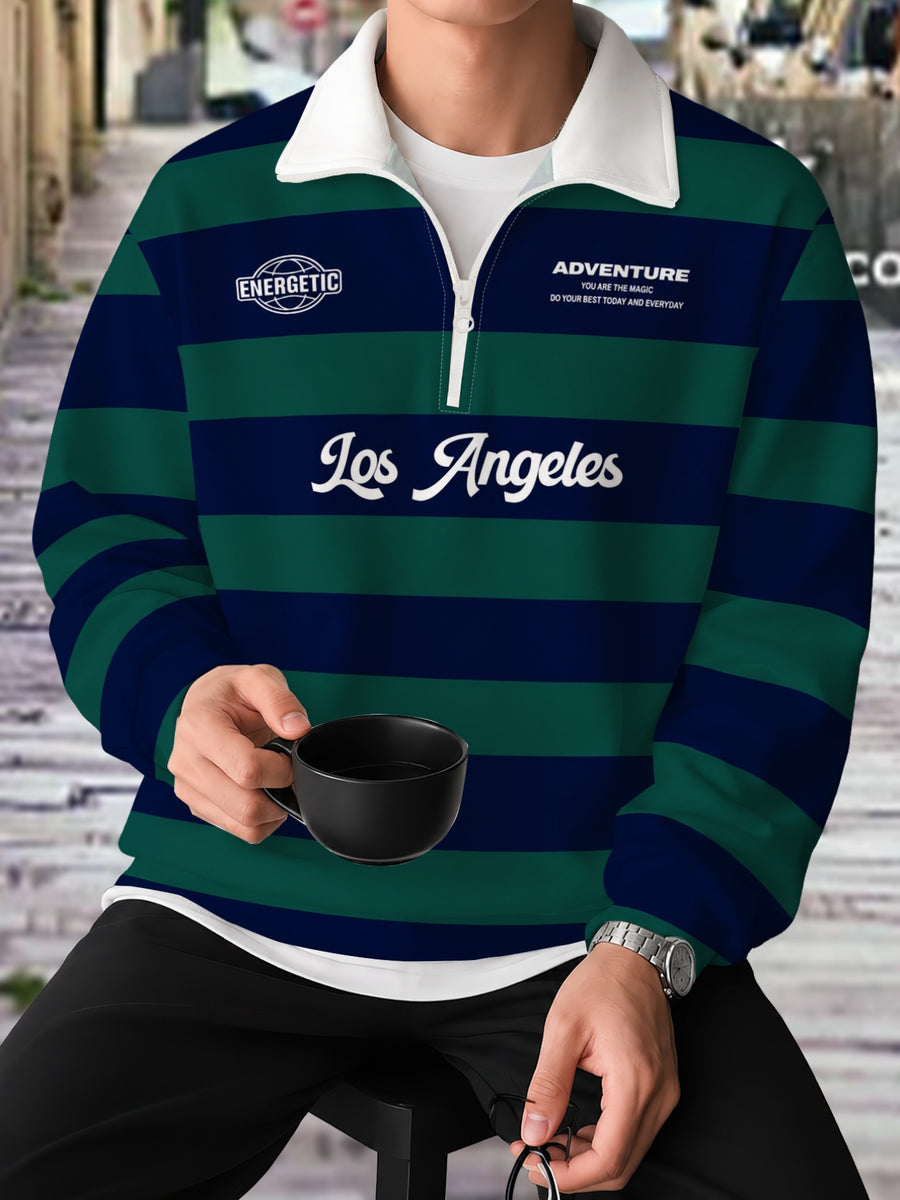 Men'S Spring Autumn Stand Collar Half-Zip Sweatshirt Fashion Striped Letter Print Casual Versatile Top Youth Trendy Sports Outerwear - Mixed colors