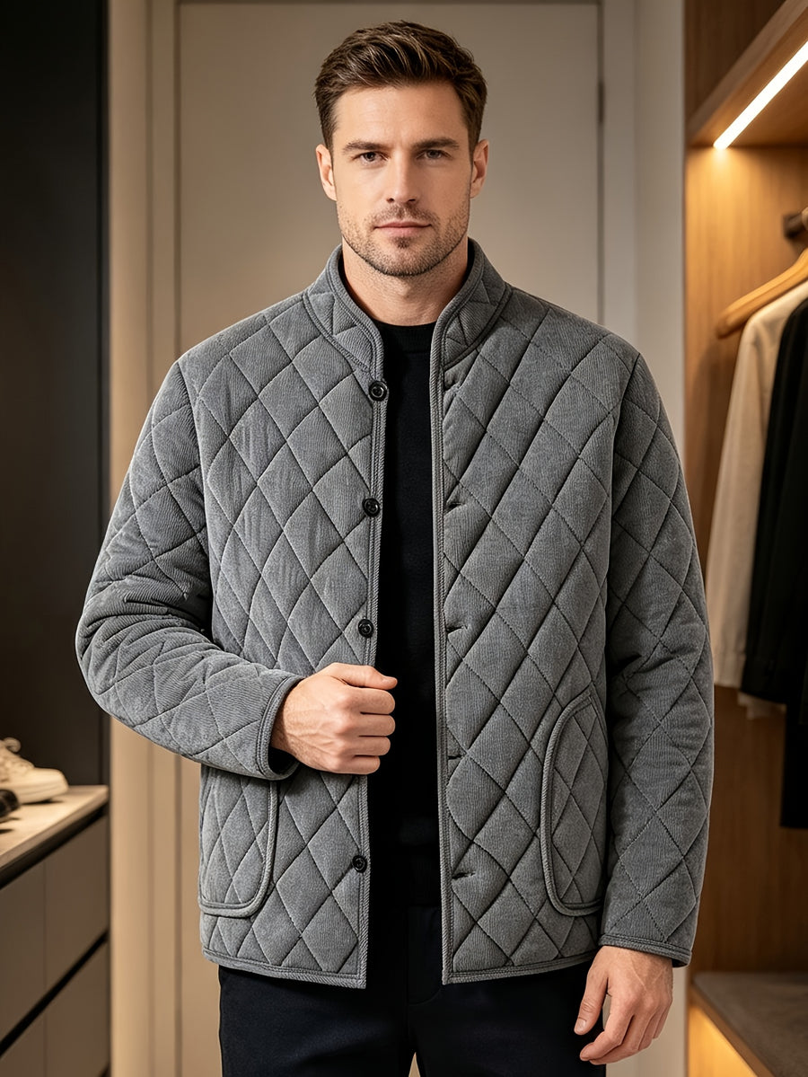 Men's Winter Thickened -Lined Padded Coat, Solid Color with Diamond-Pattern Stitching and Pockets, Casual Warm Padded Outerwear - Grey