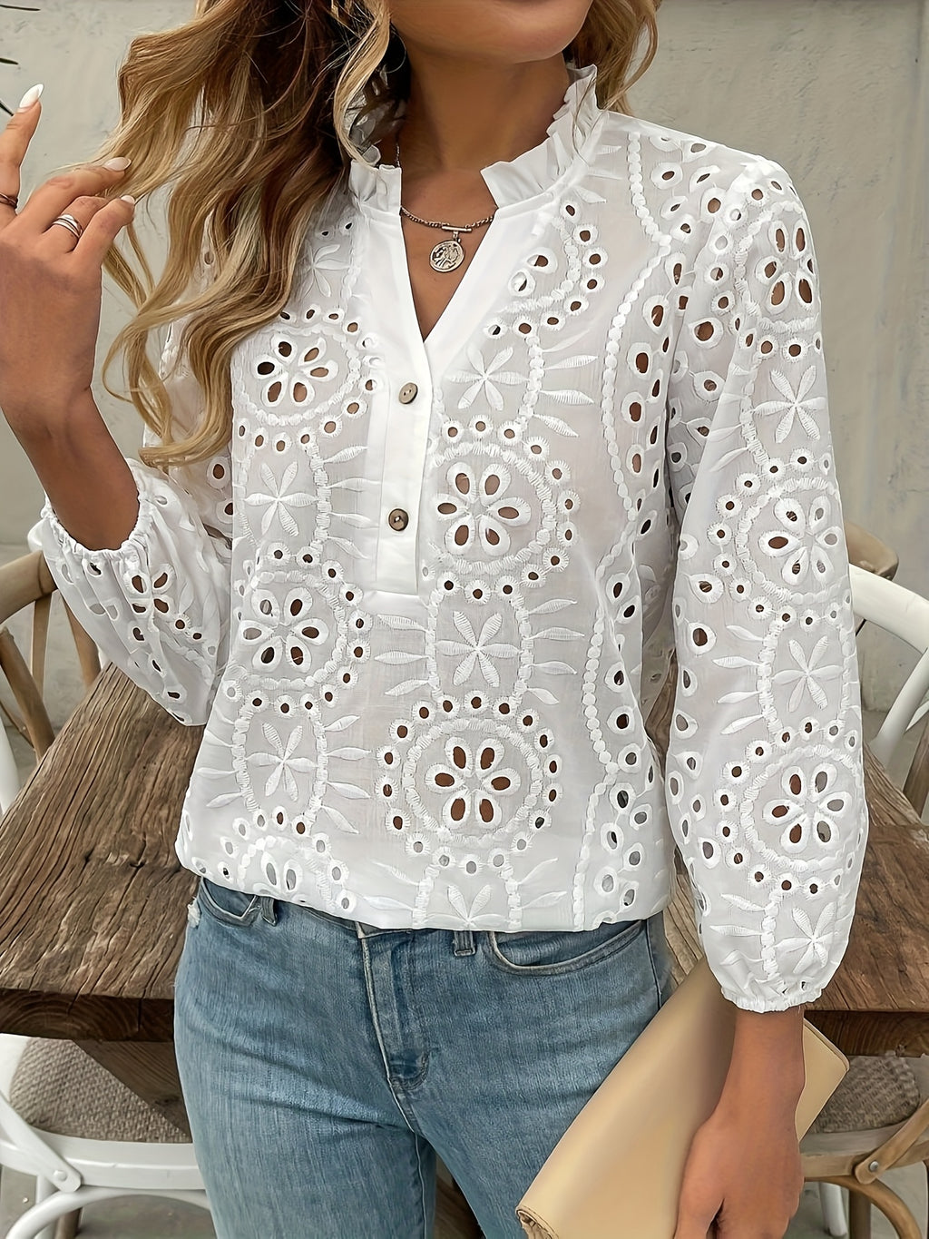 Elegant Women'S V-Neck Blouse with Ruffle Trim & Button Embroidery - Long Sleeve, Eyelet Lace Design, Solid White, Perfect for Spring/Fall, Ladies Blouses - White