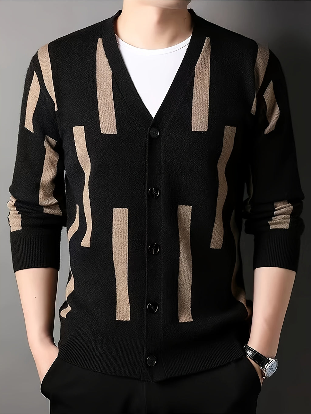 Men's Color-Block Vertical Stripe V-Neck Cardigan, Light Luxury Business Autumn/Winter Knitted Outerwear, Slim-Fit Long-Sleeve Sweater - Black