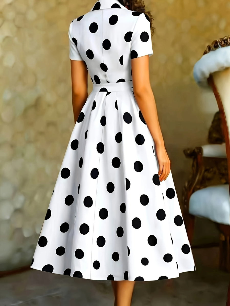 2026 Mid-Length Dress, Short Sleeve, Cape Neckline, Polka Dot Pattern, Button-Up Design, French Retro Style, White - White