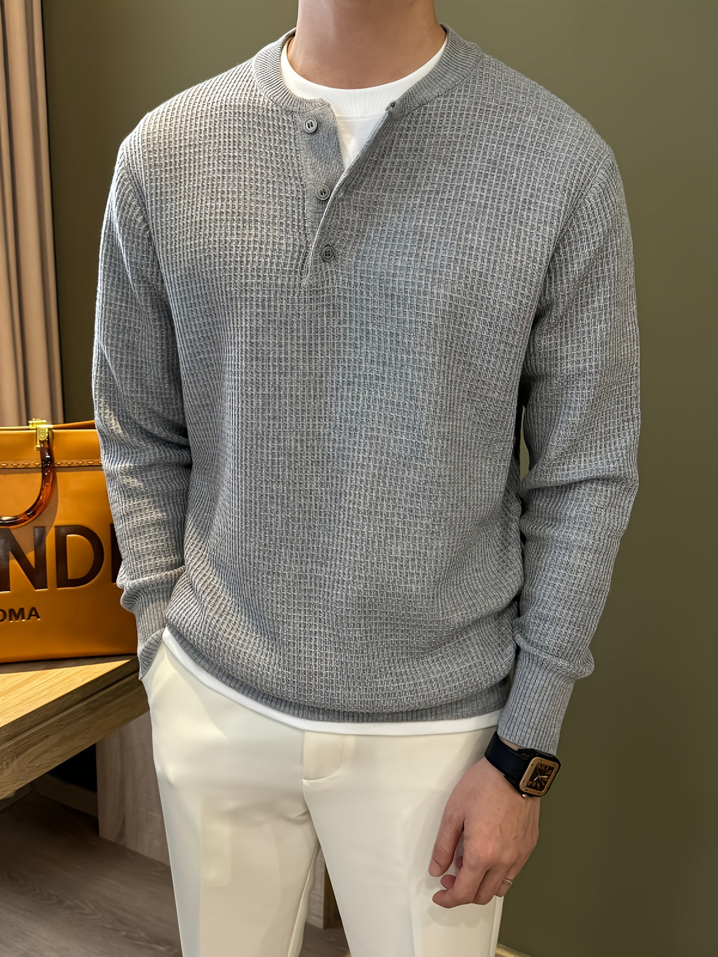Waffle Knit Soft and Skin-Friendly Lazy Style Men's Henley Neck Pullover Base Layer Sweater - Advanced Gray