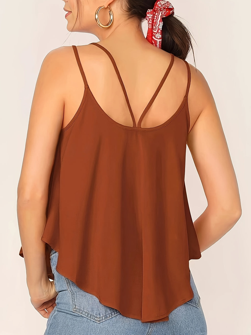 Women'S Stylish Double-Laced Dip Hem Swinging Top - Light Brown-1