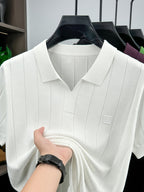 Men'S Knit Polo Shirt Short Sleeve V-Neck Vertical Stripes, Business Casual Spring Summer Commute Top, 1pc Multi-Occasion Ready - White