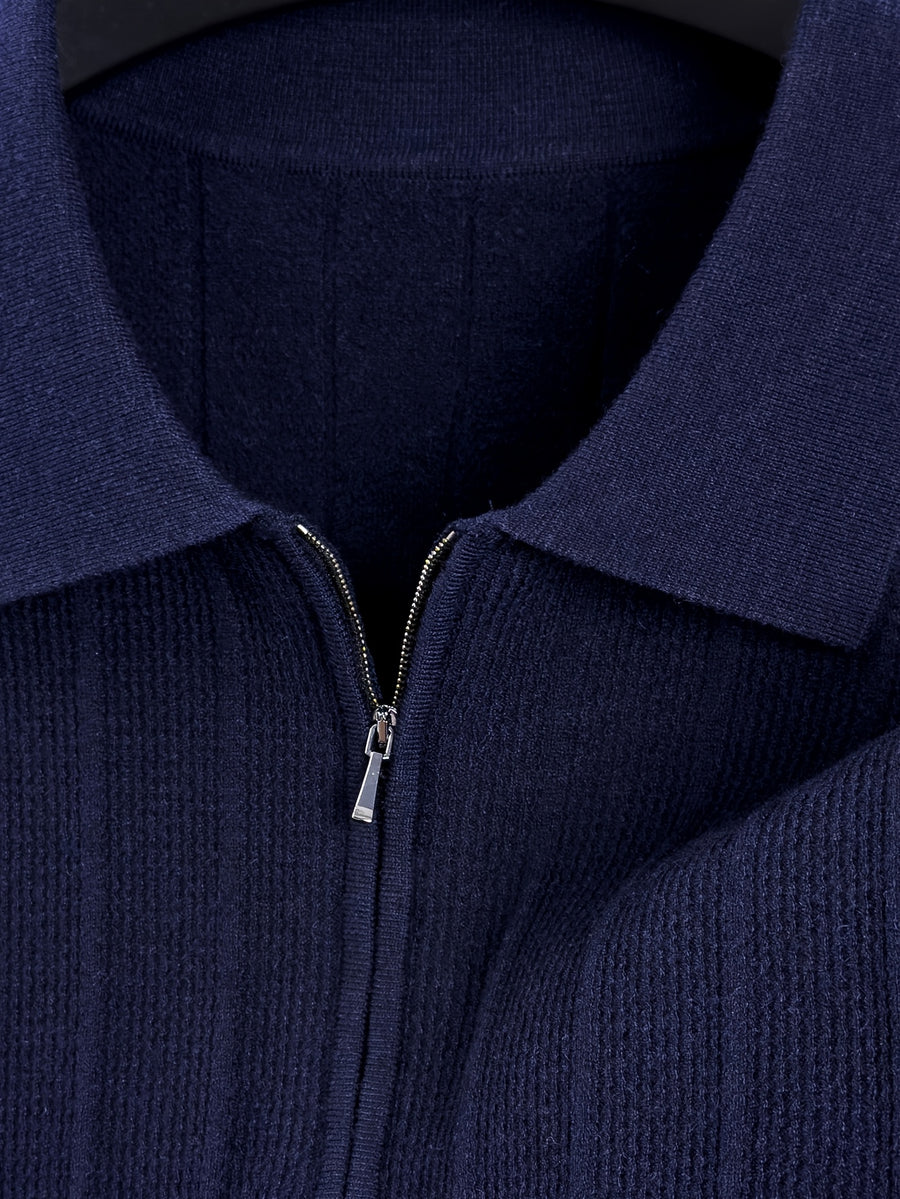 New Spring/Autumn Vertical Stripe Knit Polo Shirt for Men, Half-Zip Lapel Short Sleeve Light Luxury Stretch Casual Base Layer Top, Suitable for Daily Work Wear - Navy Color