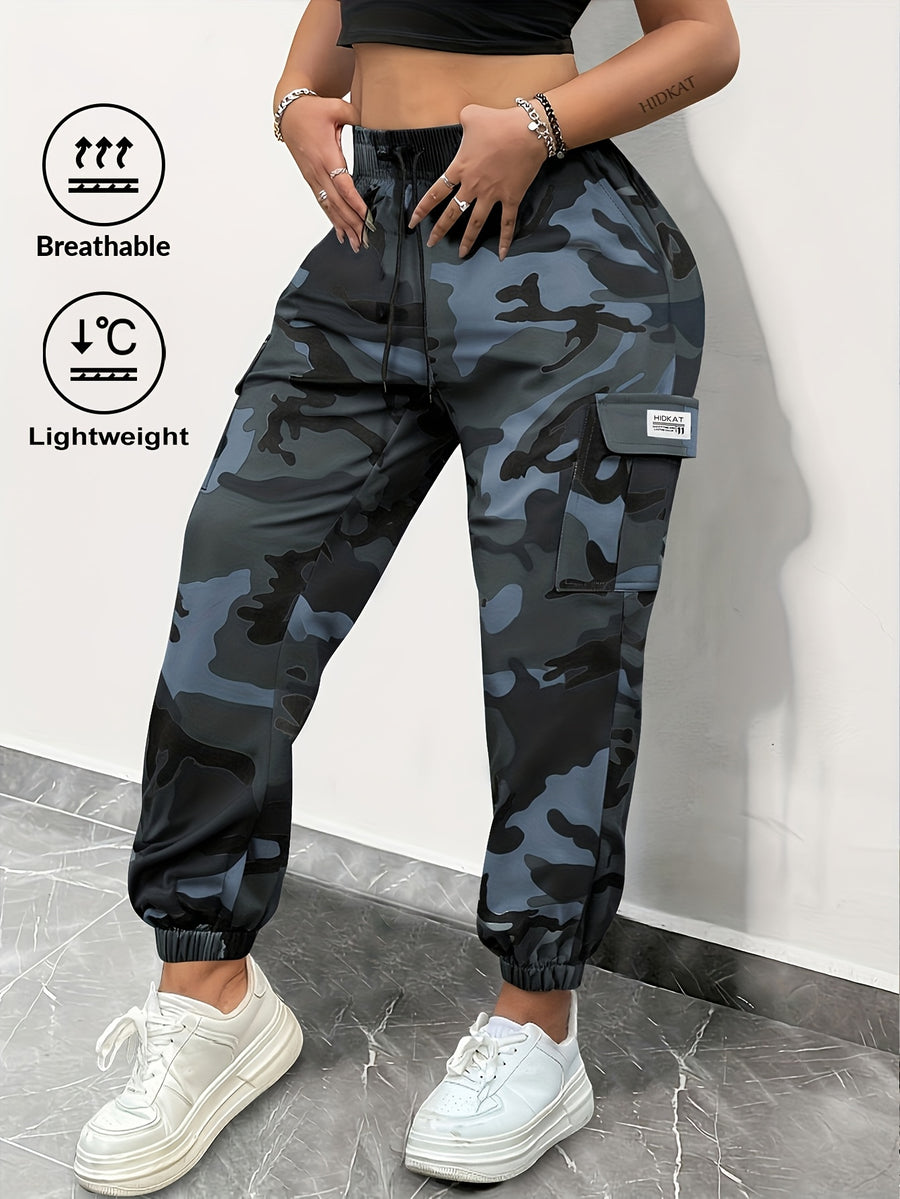 Women'S Camouflage Cargo Pants with Large Pockets, Featuring an Elastic Waistband with Drawstring And Tapered Cuffs, Suitable for Everyday Outdoor Leisure - Gray Blue Camouflage