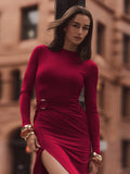 European And American Sexy Temperament Small Round Neck Long-Sleeved Slim Dress Fashionable Elegant Split Pleated Long Style Suitable for Dating Party Occasions - Burgundy