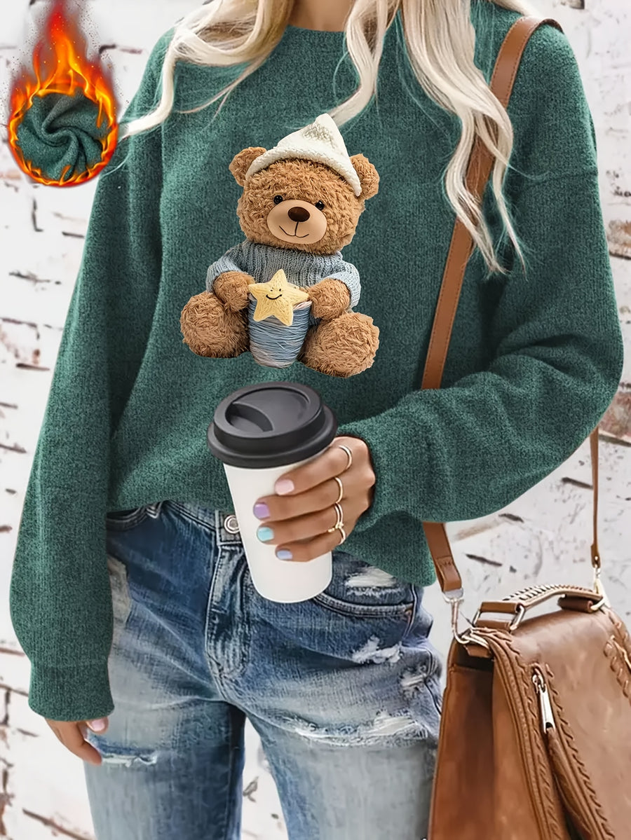 Autumn And Winter Animal Cartoon Pattern Printed Design Women'S Casual Warm Round Neck Sweater for The Fall And Winter Season - Dark Green