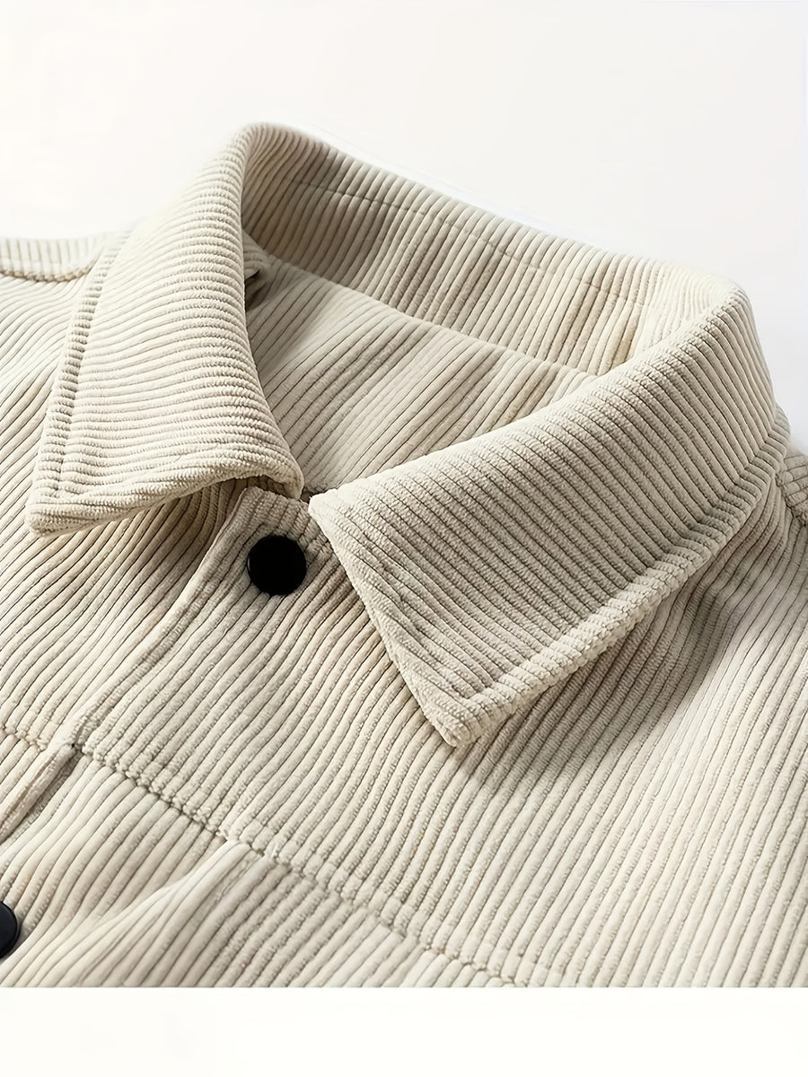 Men'S Trendy Corduroy Lapel Cargo Jacket Solid Vertical Texture Casual Long Sleeve Jacket Commuter Top - Apricot