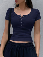 Women's Solid Color Low-Neck Short Sleeve - Navy Color