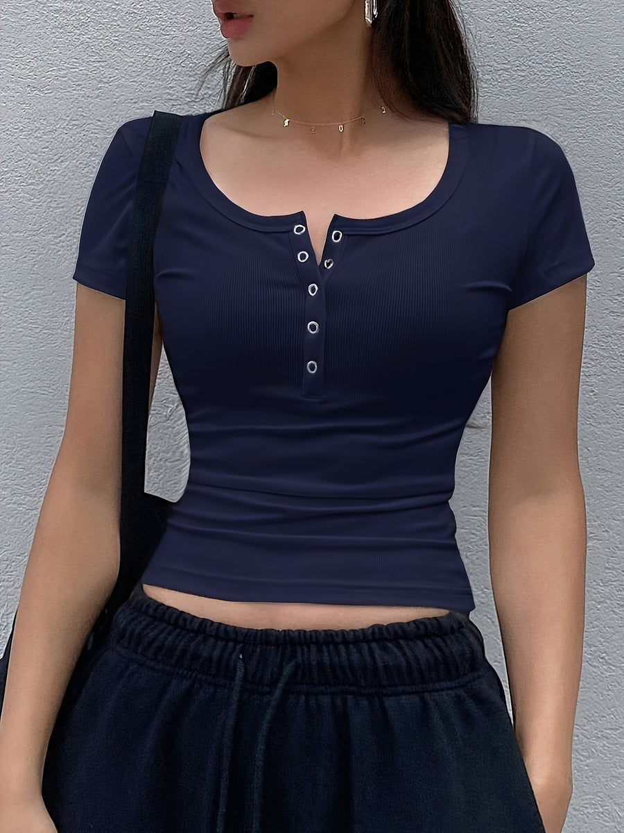 Women's Solid Color Low-Neck Short Sleeve - Navy Color