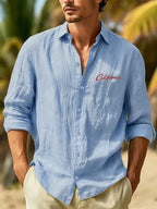 Spring/Autumn Men's California Letter Print Linen Shirt, Long Sleeve Lapel Button-Up Casual Beach Top - Sky Blue