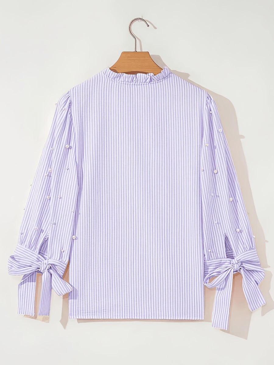 Women's Striped Fabric Top with Faux Pearl Bow, Ruffled Hem, and Tie-Front, Pink, Spring/Summer Style - Lavender
