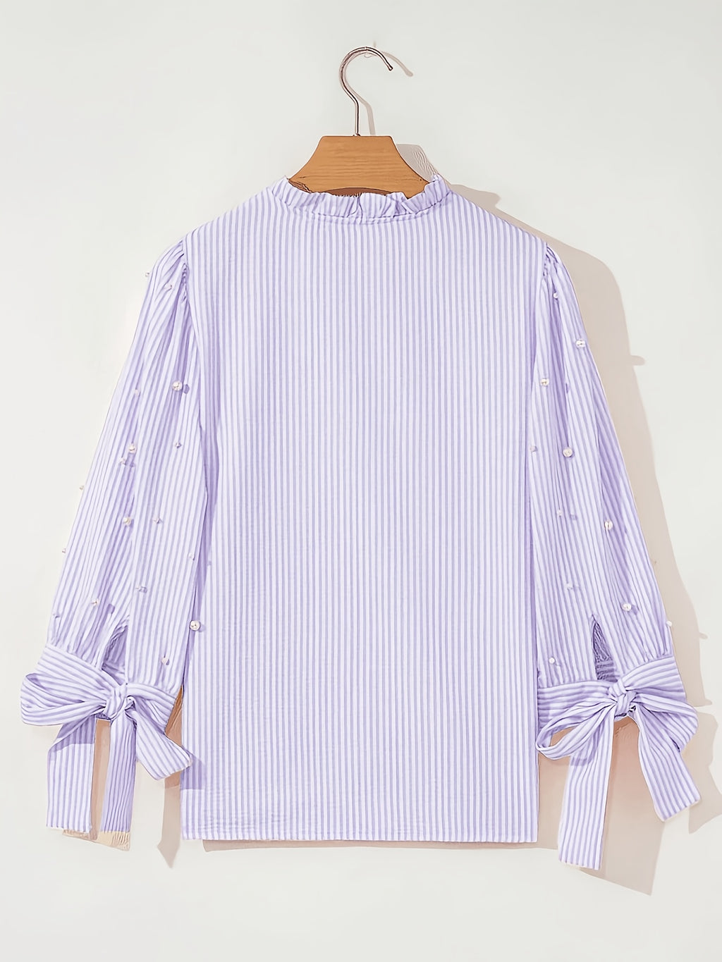 Women's Striped Fabric Top with Faux Pearl Bow, Ruffled Hem, and Tie-Front, Pink, Spring/Summer Style - Lavender