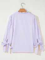 Women's Striped Fabric Top with Faux Pearl Bow, Ruffled Hem, and Tie-Front, Pink, Spring/Summer Style - Lavender