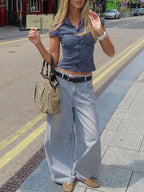 Y2K Women'S Solid-Color Straight-Leg Washed Denim Jeans - Versatile Wide-Leg Trousers Suitable for Streetwear And Commuting; All-Season - Light Blue