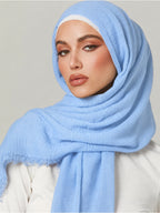 1pc Women'S Solid Pleated Basic Headscarf/Veil (Abaya Accessory), Muslim Prayer Scarf, Eid Anti-Slip Headscarf - Bright Steel Blue