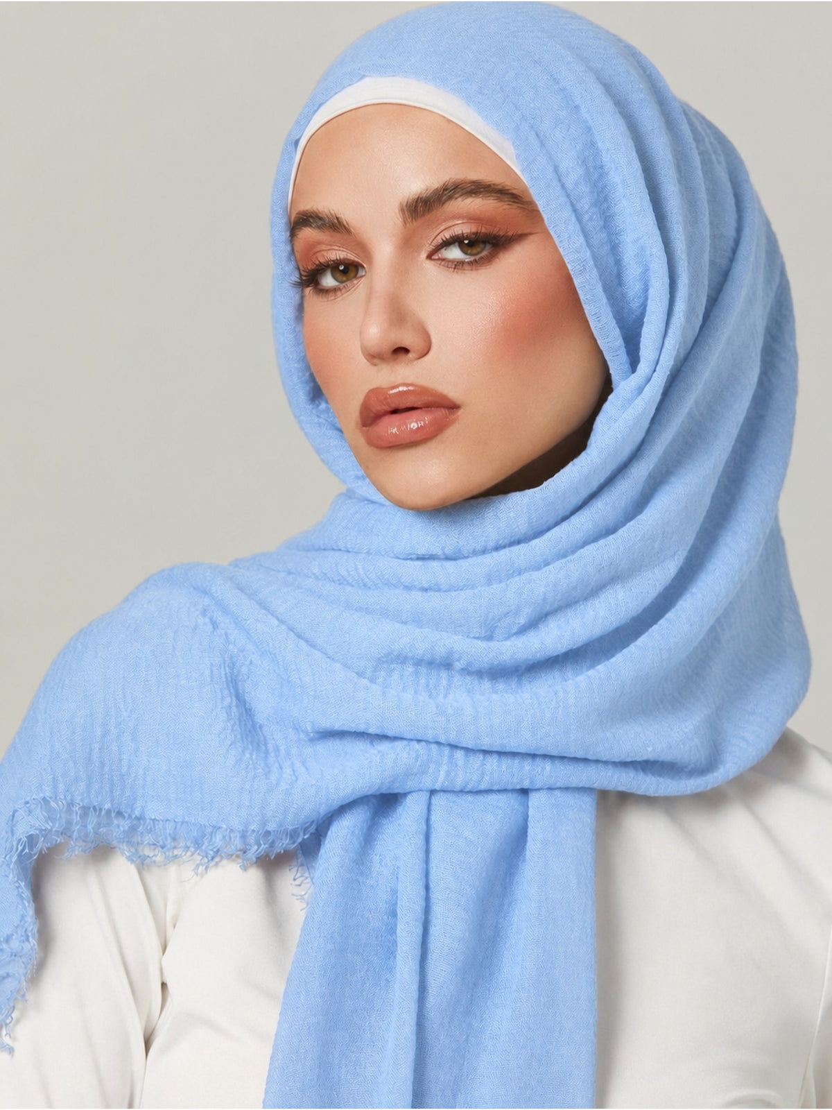 1pc Women'S Solid Pleated Basic Headscarf/Veil (Abaya Accessory), Muslim Prayer Scarf, Eid Anti-Slip Headscarf - Bright Steel Blue