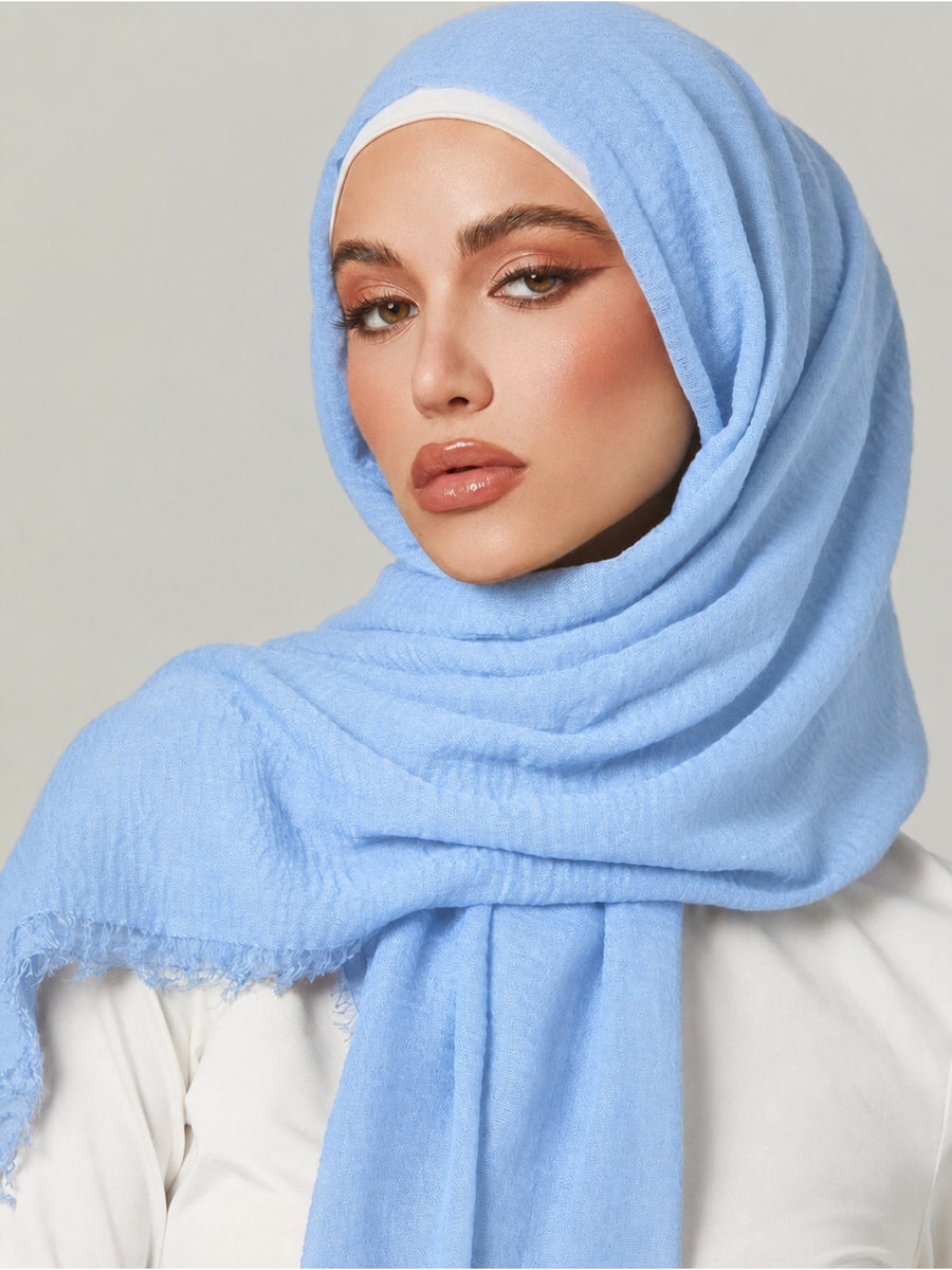 1pc Women'S Solid Pleated Basic Headscarf/Veil (Abaya Accessory), Muslim Prayer Scarf, Eid Anti-Slip Headscarf - Bright Steel Blue