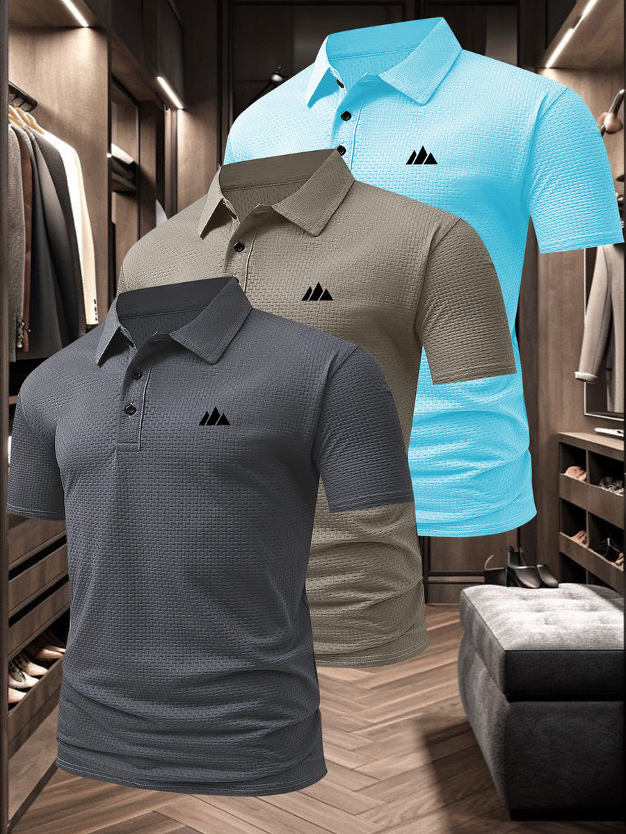 3pcs Pc Men's Quick-Dry Breathable Polo Shirts - Short Sleeve T-Shirts with Collar, Triangle Print & Suitable for Golf, Fishing, Beach, Camping | Multi-pc for Outdoor Activities | Casual Summer Wear, Hand Washable (No Transparency) - Charcoal-Khaki-Blue