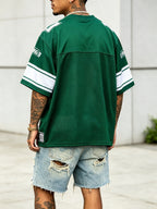 Men's Summer Casual Patterned Sports Short-Sleeve Football Jersey Style T-Shirt, Mesh Fabric Patchwork, Summer, School - Green