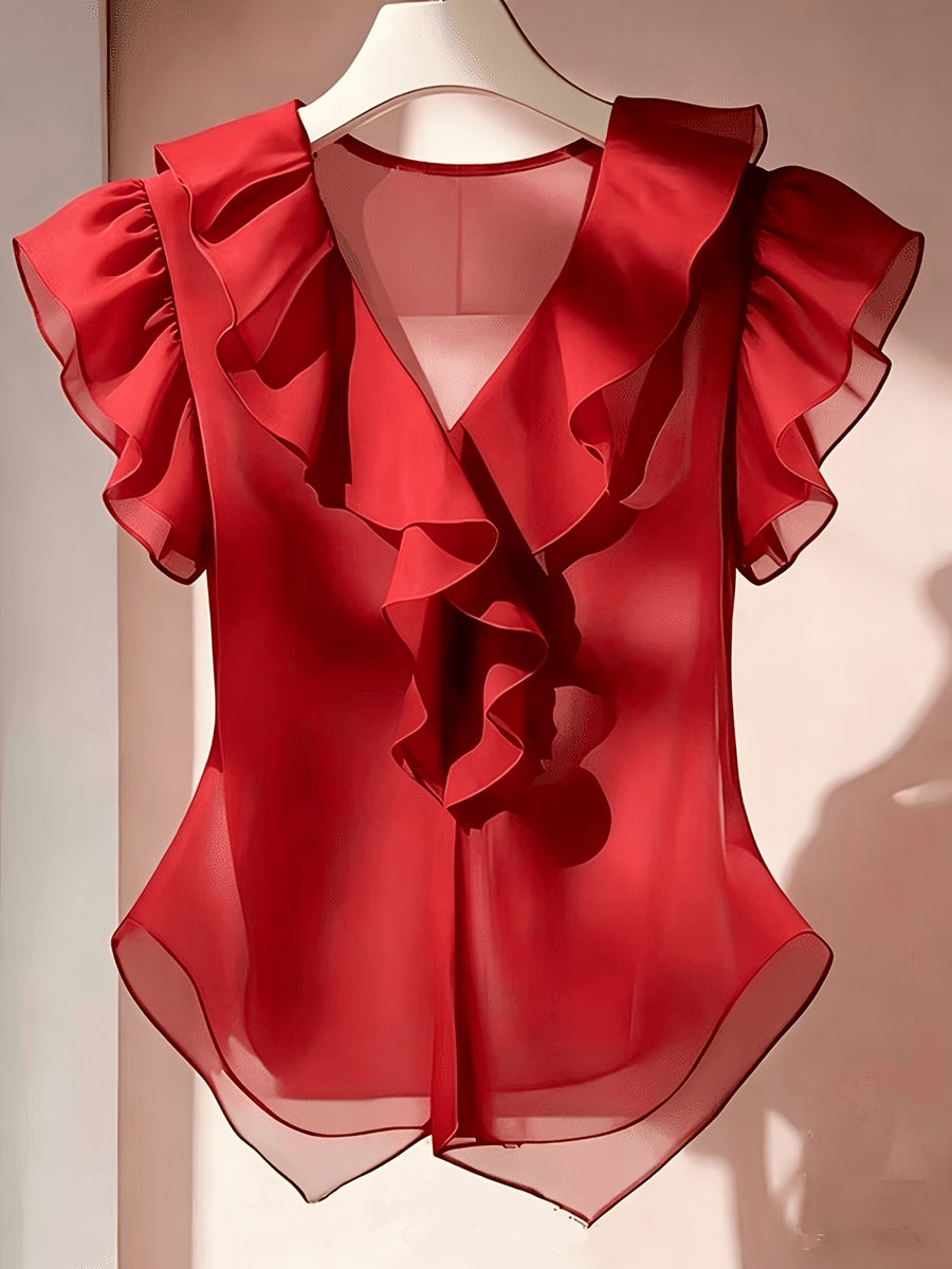 Summer French Solid Ruffled Fly Short Sleeve Shirt Chiffon Top Women'S - Red