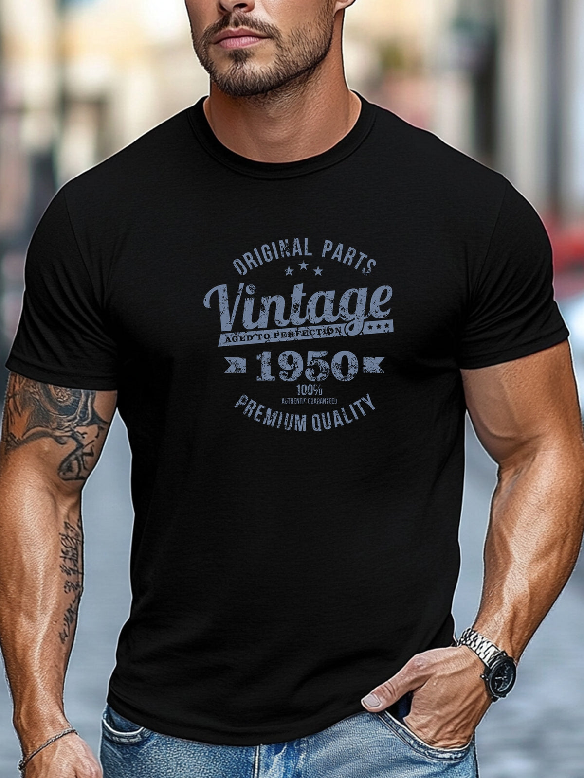 Men'S Original Parts Vintage Pattern Summer Casual Round Neck Short Sleeve T-Shirt - Black